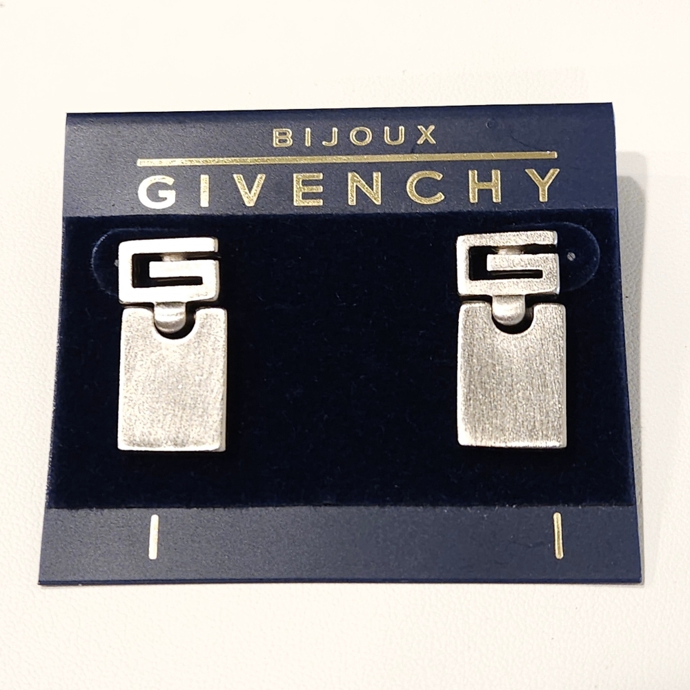 Givenchy Bijoux Vintage Earrings Brushed Silver Tone G Logo Rectangle Dangle